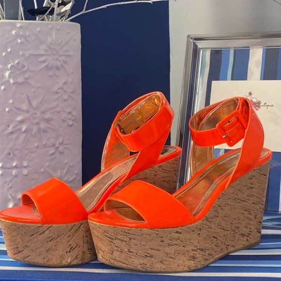 Neon orange cork BCBGENERATION platform wedge heel ankle strap sandals sz 10 - Picture 3 of 15